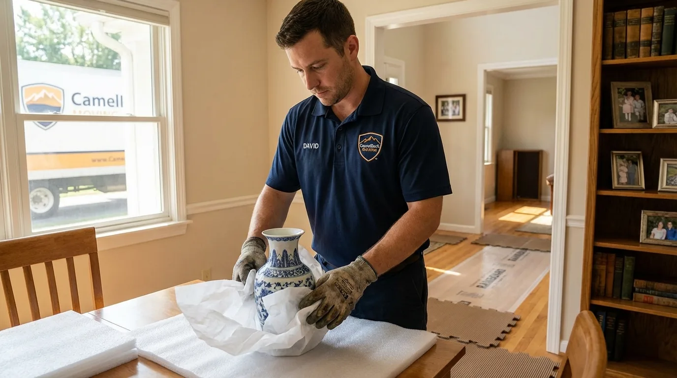Professional crew carefully wrapping antique vase for senior downsizing move in Latrobe, PA